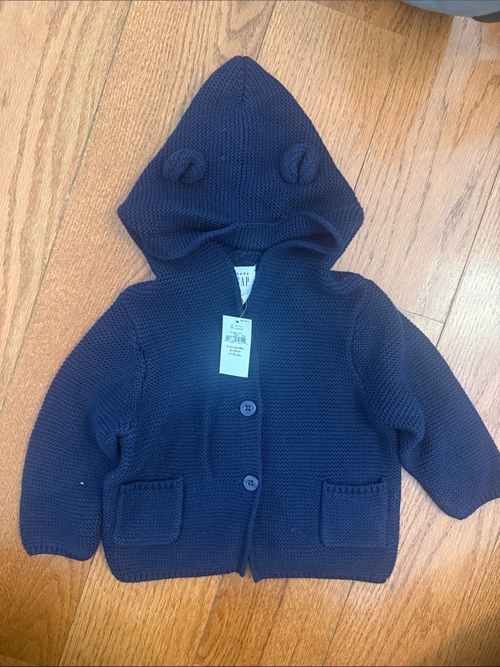 GAP Navy Knit Hooded sweater with Ear Details 6-12 mo